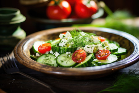 Salad with cucumbers, tomatoes with olive oil.の素材
