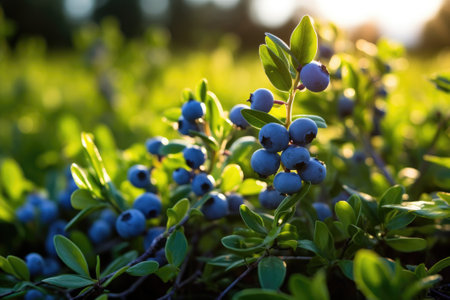 Ripe blueberries on the branches of a bush in the garden.の素材