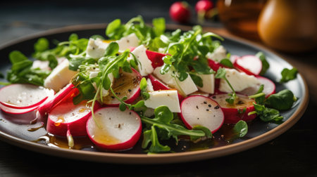 Fresh green vegetable salad with radish, cheese, healthy diet foodの素材
