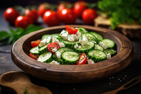 Salad with cucumbers, tomatoes with olive oil.の素材
