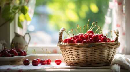 Basket of cherries on table.の素材