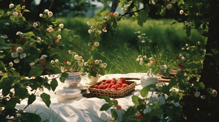A picnic scene in a meadow filled with wild strawberries, a blanket spread under a treeの素材