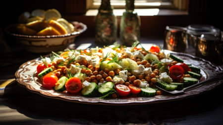 Chickpea salad with tomatoes, cucumber, parsley, onions in a plate, selective focus. Healthy vegetarian food.の素材