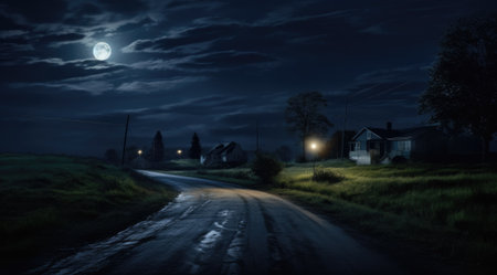Lonely road in the country illuminated by a bright full moon at midnightの素材