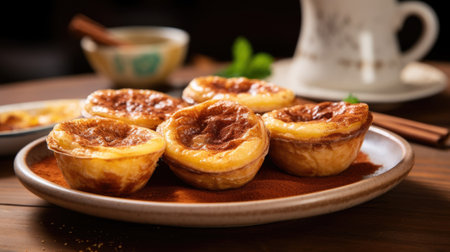 Pastel de Nata, Portuguese custard tarts, on a ceramic plateの素材