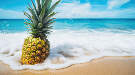 A pineapple on a sandy beach with the ocean in the background.の素材