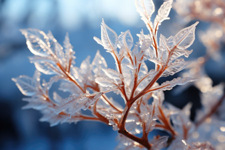 Winter scene. Frozen plant, concept of frosty nature.の素材