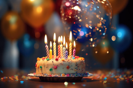 Beautiful birthday cake with burning candlesの素材
