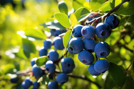 Ripe blueberries on the branches of a bush in the garden.の素材