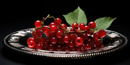 Currants arranged in a symmetrical pattern on an elegant silver platter, set against a dark backgroundの素材