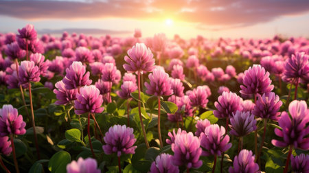 Summer landscape with a field of flowering pink clover.の素材