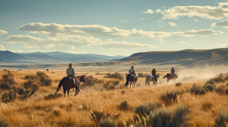 A group of ranchers herding cattle across vast plainsの素材