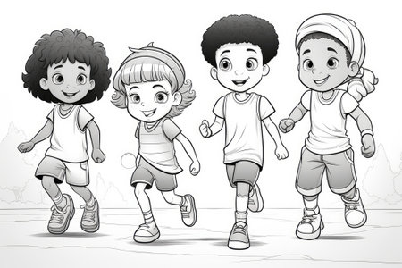 Coloring pages for kids. Kids playing basketball with friendsの素材