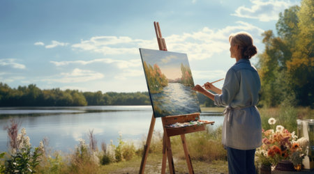 Older woman painting artwork on canvasの素材