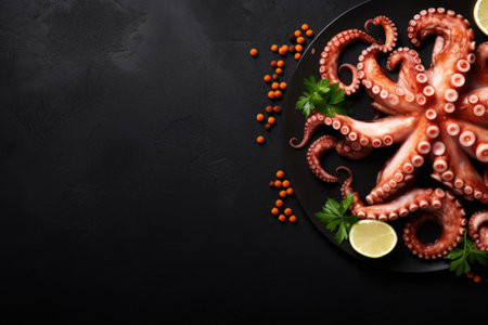 Tasty octopus on black background. Top view flat lay with copy spaceの素材