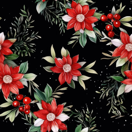 Watercolor set of Christmas poinsettia and holly berry, symbol illustration isolated on black backgroundの素材