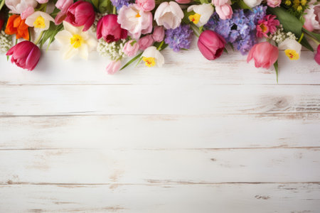 Spring background with color flowers on wooden background.の素材
