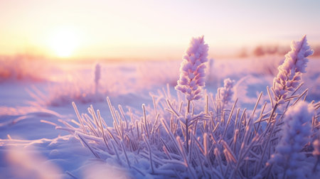 A frosty morning scene with snow covering a field creating a magical winter landscapeの素材