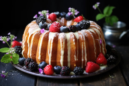 Beautiful perfect homemade bundt cake dessert on a dinner tableの素材