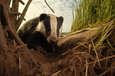 Shot of badger resting at entrance hole burrow mouthの素材