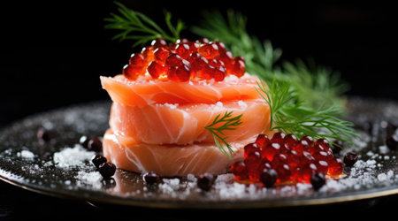 Salmon served and caviar on iceの素材