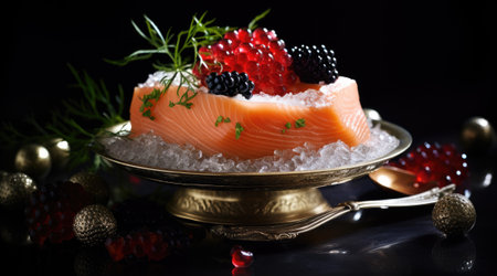 Salmon served and caviar on iceの素材