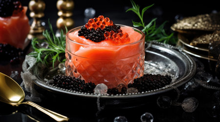 Salmon served and caviar on iceの素材