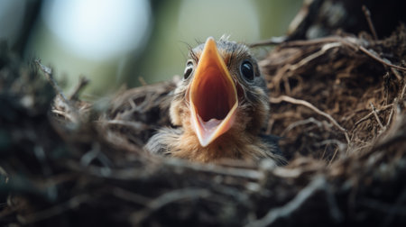 Young bird in nest with open mouth waiting to be fed.の素材