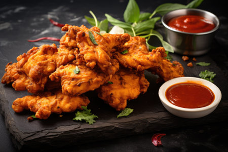Chicken Pakora dish with sweet chilli sauce on rustic stone boardの素材