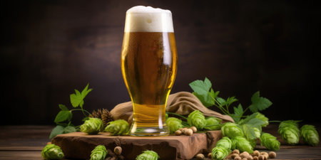 A tall glass with a beer. A sprig of hops in the background. Generative AIの素材