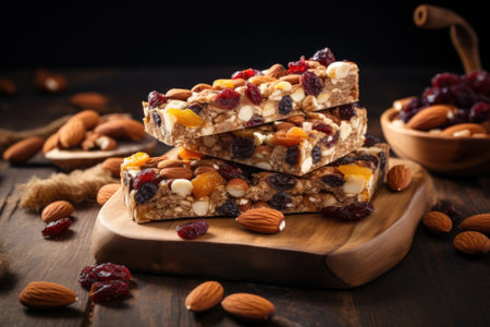 Cereal superfood energy bars with almond nuts, dry fruits, raisins chocolate. Generative AIの素材