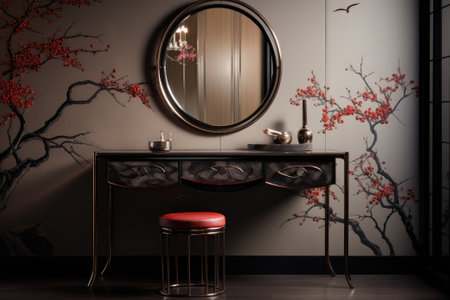 Modern wooden dressing table with decorative elements and makeup products in roomの素材