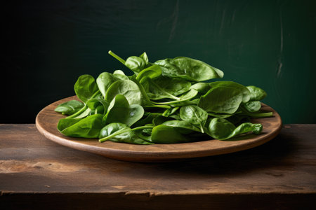 Fresh spinach leaves on rustic wooden tableの素材