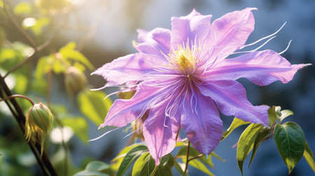 Pale purple clematis flower blooming in a garden.の素材