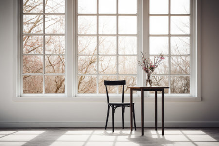 Simple table and chair in a room with a big bright window.の素材