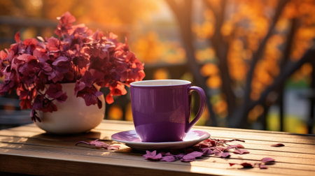 Purple mug in the garden.の素材