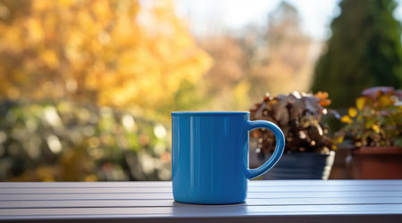 Blue mug in the garden.の素材