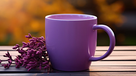 Purple mug in the garden.の素材