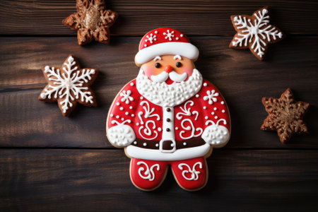 Christmas gingerbread cookies in the shape of Santa Claus on a wooden background.の素材