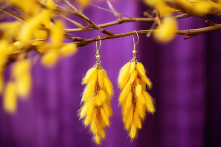 Hand-made earrings presented on a tree branch. Women accessories. Selective focus.の素材