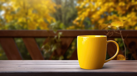 Yellow mug in the garden.の素材