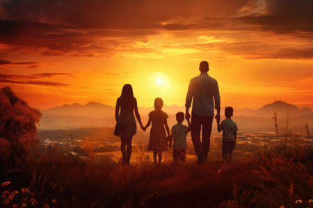 Silhouettes of parents with a child walking in nature. Illustrationの素材