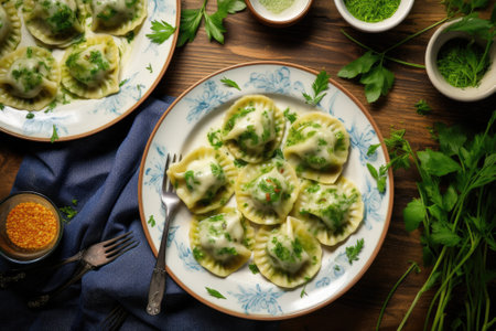 Top view of appetizing cooked ravioli pasta with green sauce and herbsの素材