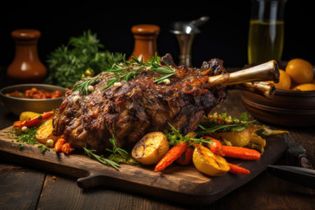 Roast lamb shank with herbs and vegetables.の素材
