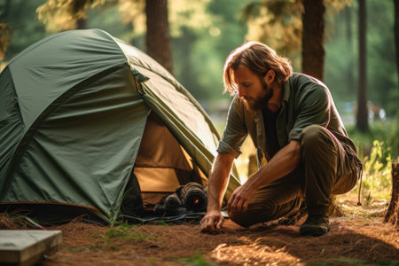 Traveler man in camping tent in forestの素材