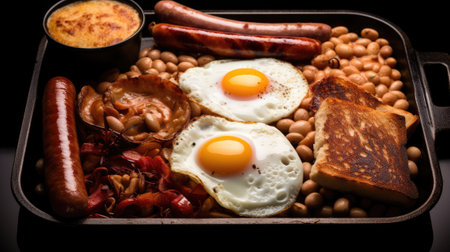 English breakfast consists of eggs, bacon, sausages, baked beansの素材