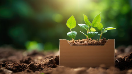 A small plant in a cardboard box in nature. Eco friendly packaging, paper recycling concept.の素材