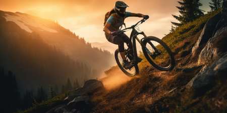 Mountain biking woman riding on bike in summer mountains forest landscape.の素材