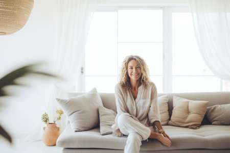 Middle aged woman in living room.の素材