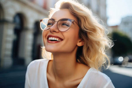 Happy lady with glasses posing on street in city.の素材